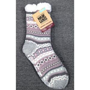MUK LUKS Womens Cabin Socks - Gray/Purple, Slip-Resist, Fuzzy, Warm, S/M (5-7)